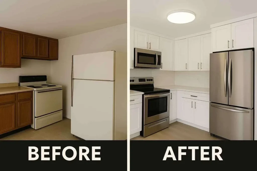 A side-by-side comparison of an outdated manufactured home kitchen and a modernized version with upgraded appliances.