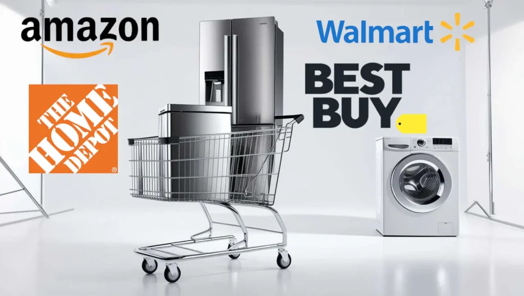A shopping cart filled with major appliances, surrounded by logos of top online retailers like Amazon, Walmart, Best Buy, and The Home Depot.