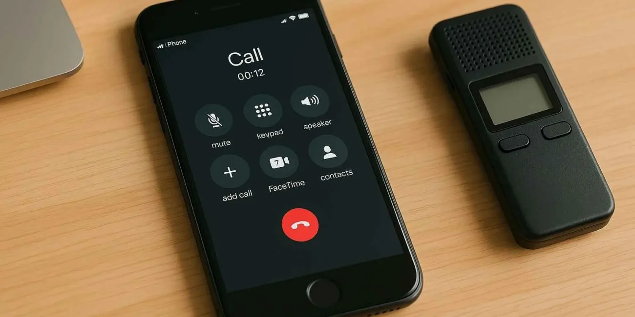 A close-up of an iPhone displaying an ongoing phone call, placed on a desk with a secondary device nearby, subtly suggesting alternative recording methods.