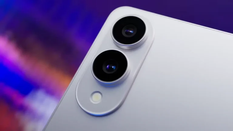 A close-up of the Galaxy S25 Edge’s sleek camera module, showcasing its dual-lens setup and flash against a blurred, colorful background.