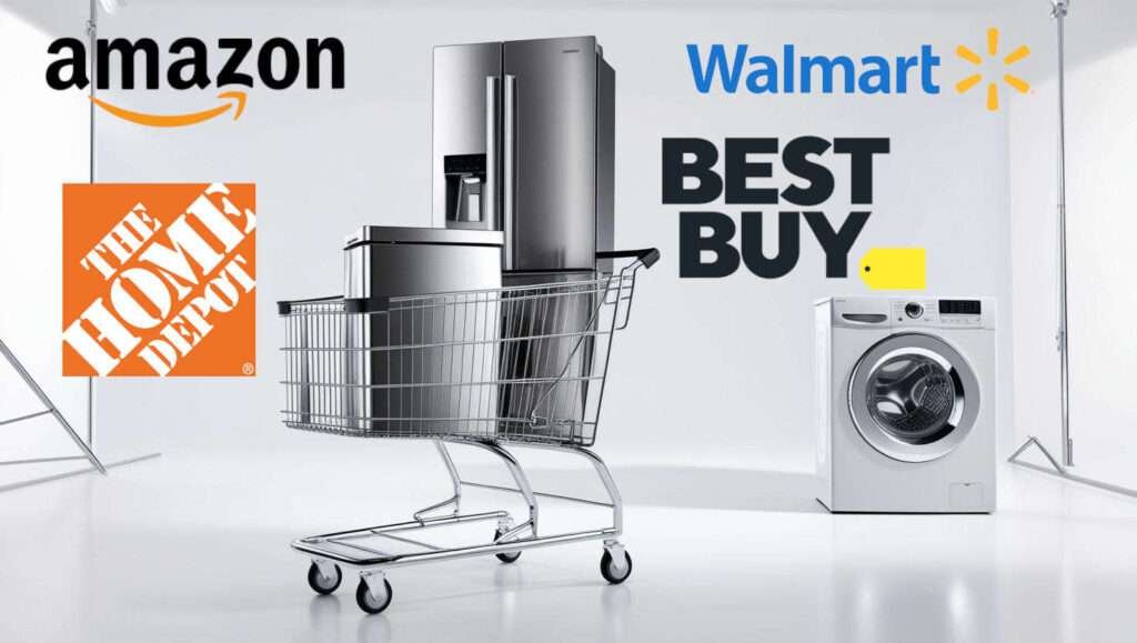 A shopping cart filled with major appliances, surrounded by logos of top online retailers like Amazon, Walmart, Best Buy, and The Home Depot.
