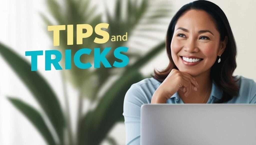 A person in a blue shirt sits at a desk with a laptop, while the words "TIPS and TRICKS" appear in large, colorful text next to a plant in the background.